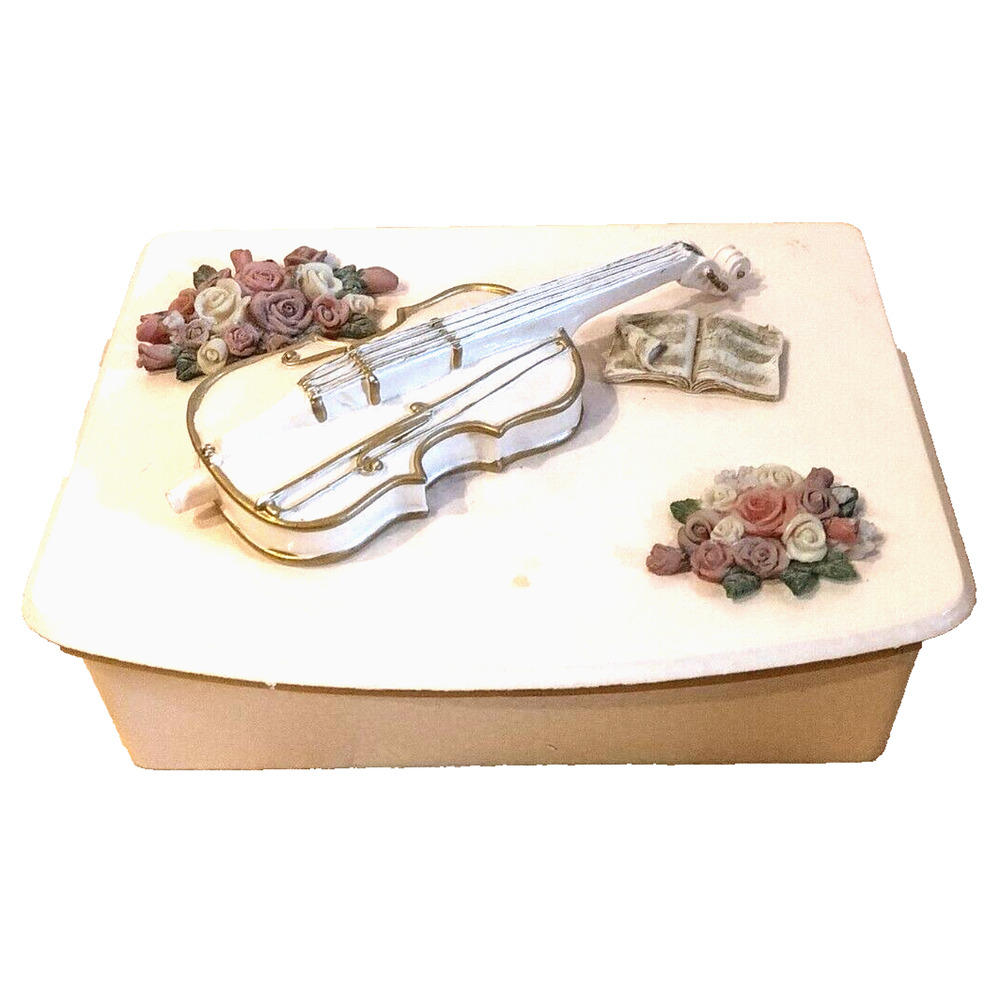 Vintage Pink Pearl Jewelry Box White Violin & Flowers Hand-Painted With Mirror